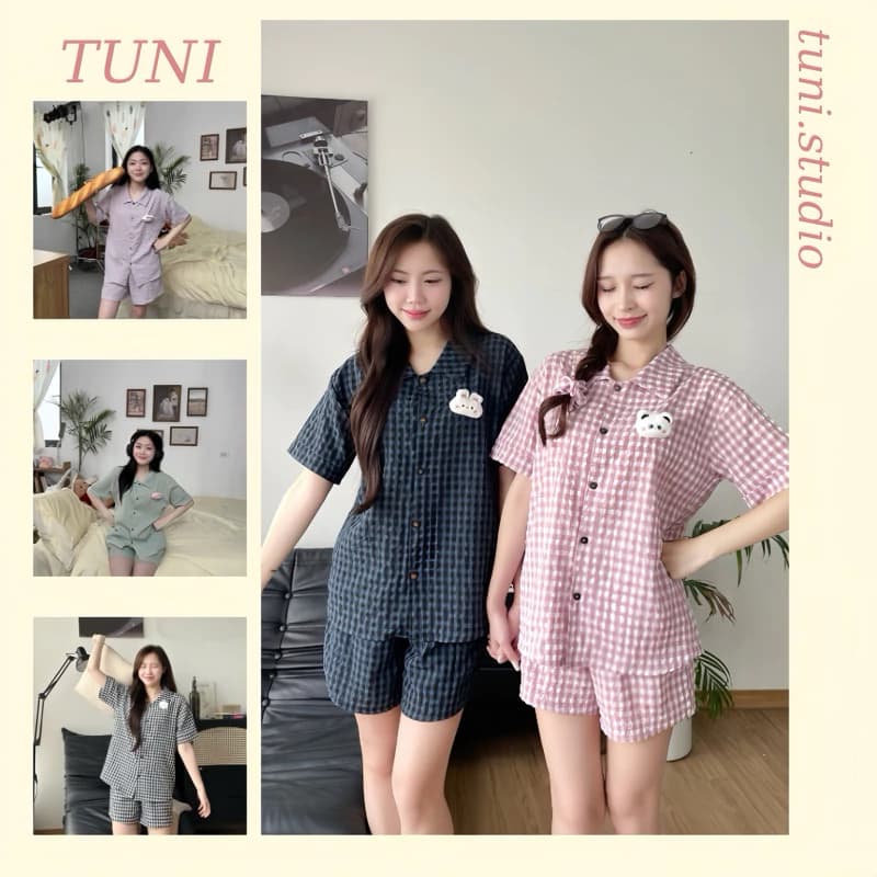 (KÈM CHARM) Bộ Đồ Ngủ Kiểu Nữ Chất Thô Xốp Dáng Ngắn Kẻ Caro Form Rộng Nhiều Màu Tuni.studio T01