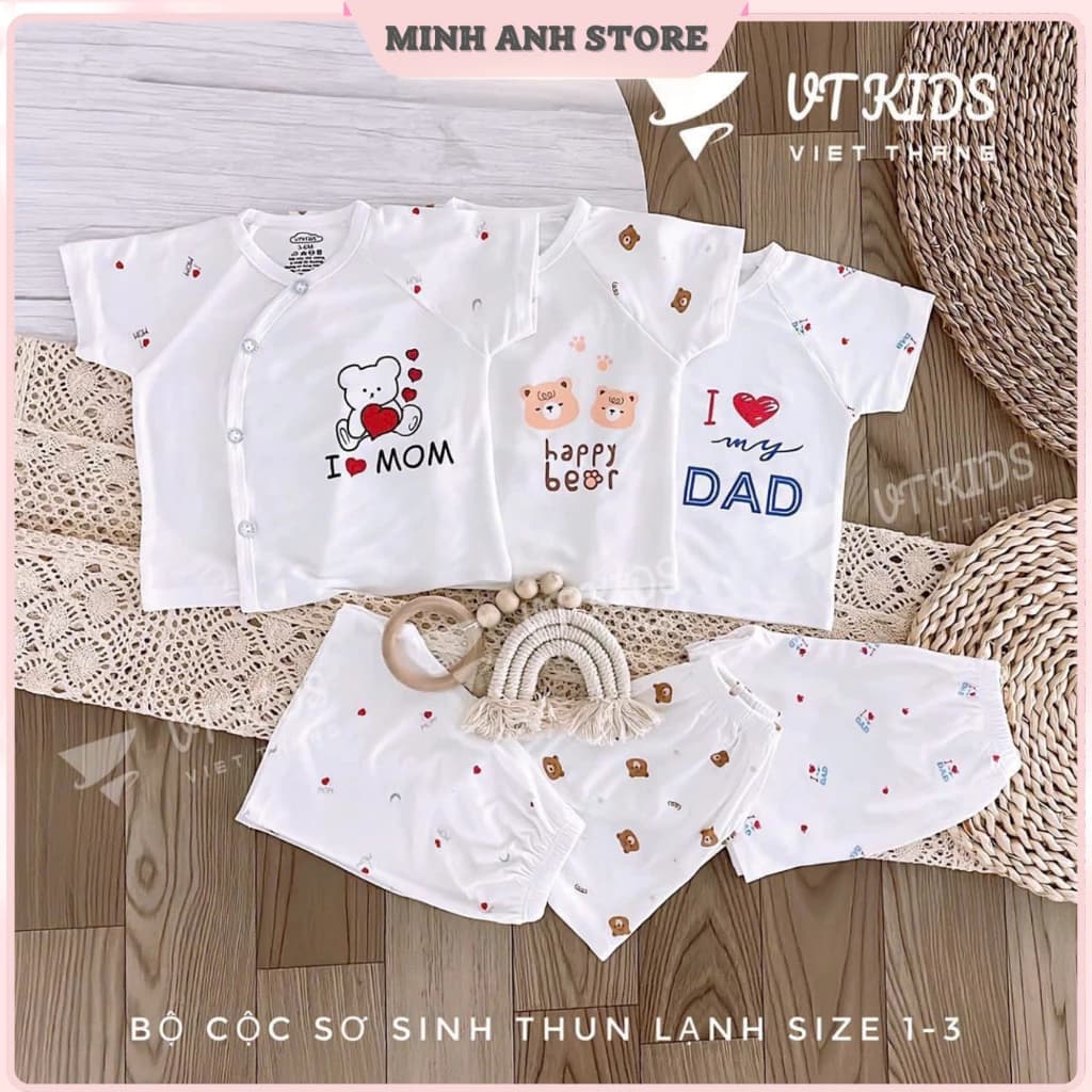 [Combo 2-3] Bộ cộc tay sơ sinh trắng trơn vải thun lạnh mềm mịn mát size 3-9kg VT CLT01
