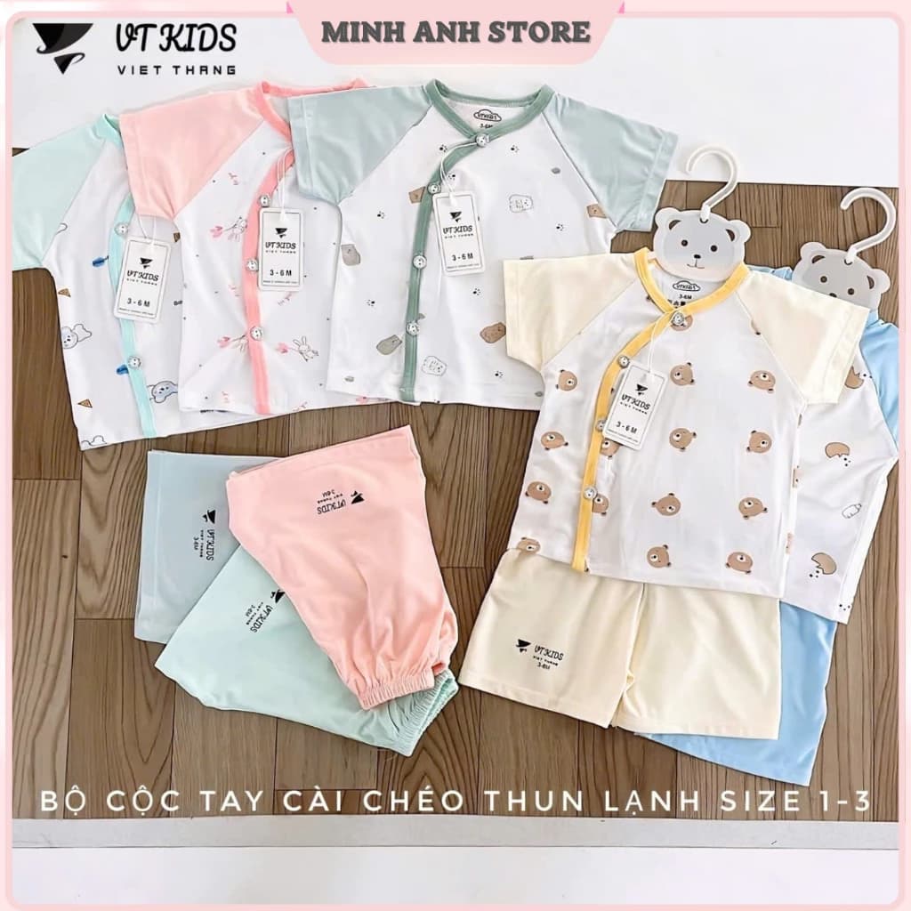 [Set 5] Bộ cộc tay sơ sinh vải thun lạnh VT mềm mịn mát quần màu thân trắng hoa size 3-9kg VT CLP01