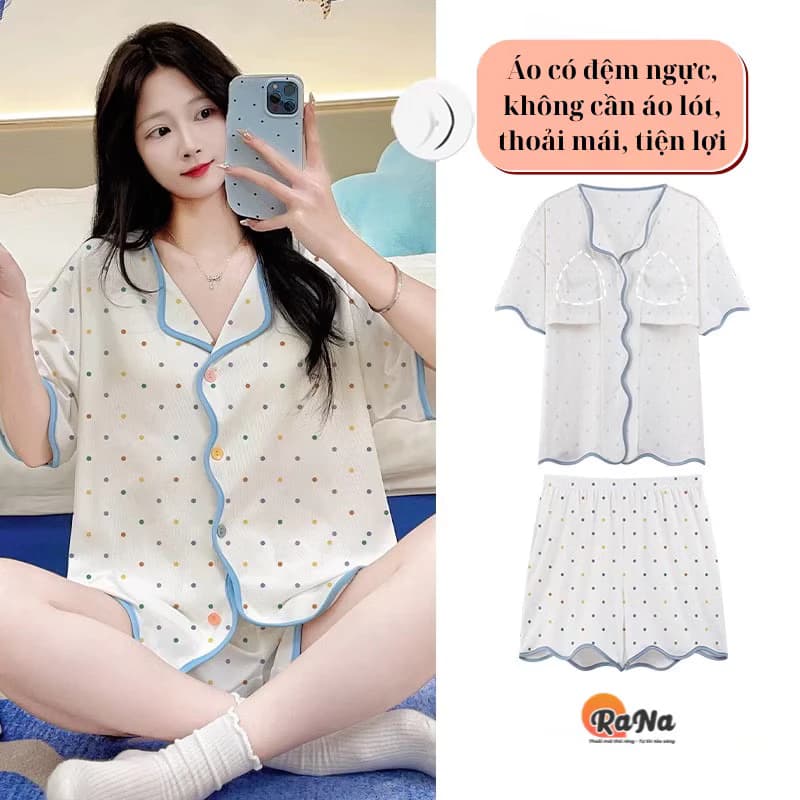 Đồ bộ mặc ngủ nữ - Quần ngắn tay ngắn - Có mút ngực - Vải cotton mát- RaNa