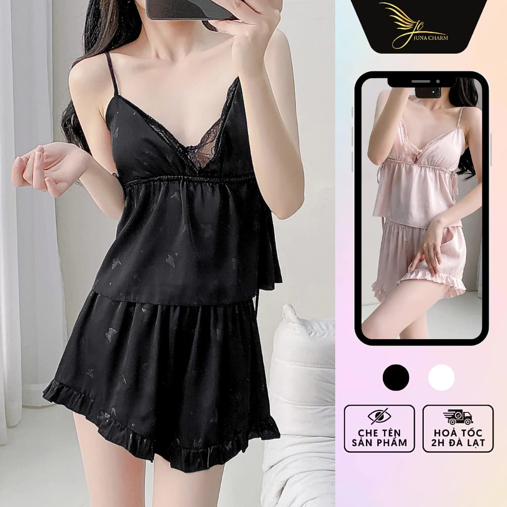 Bộ Ngủ 2 Dây, Đồ Mặc Nhà Quần Đùi JUNA Size M, L Thời Trang Đồ Ngủ Dành Cho Nữ, Chất Lụa Gấm , Màu Đen/Trắng/Hồng/SP1878