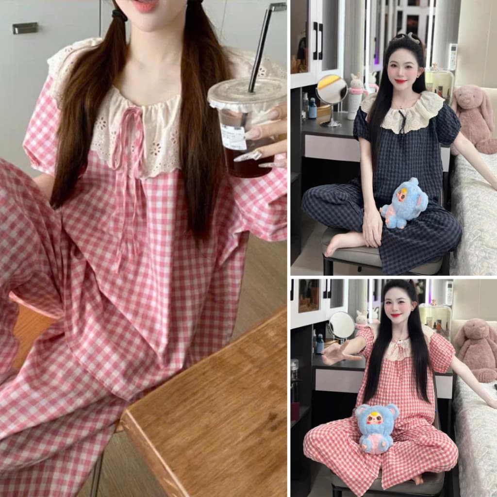 Bộ ngủ nữ áo cộc quần dài, Bộ pijama caro nữ chất đũi xốp mềm mại thiết kế cổ pha ren thoải mái, hottren B12CD