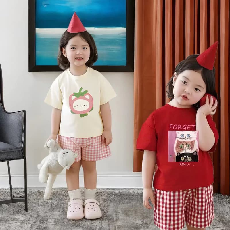 set 2 bộ cộc cotton quần kẻ ống rộng cho bé gái xinh xắn mặc mùa hè đi học đi chơi