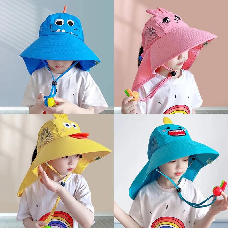 Mũ rộng vành trẻ em có dây, mũ che gáy chống tia UV cho bé