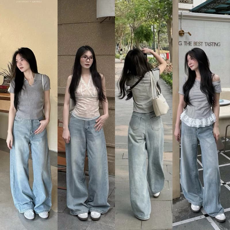 𝗦𝘁𝗲𝗲𝘇𝘆 • Quần jeans suông trơn ống rộng phối vân xanh nhạt form dài, quần bò nữ, quần bò ống rộng - QB7822