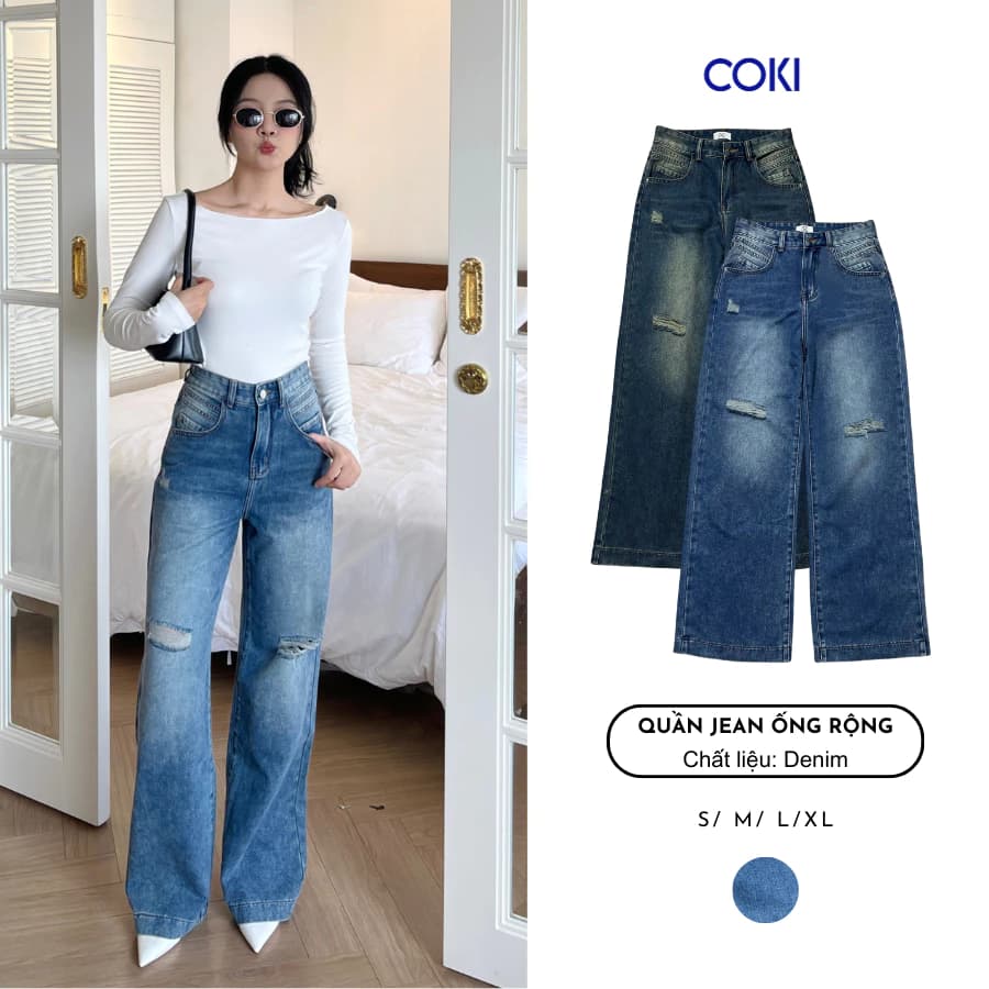 Quần Jean Nữ Lưng Cao Ống Rộng Rách Túi Viền