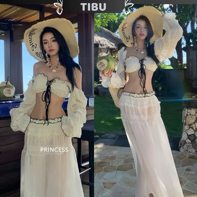 Set Áo Trễ Vai Cột Nơ Tay Bồng Phối Chân Váy Xoè Nhún Eo TIBU Set Đồ Nữ Đi Biển Sang Chảnh Đi Chơi Tôn Dáng B441