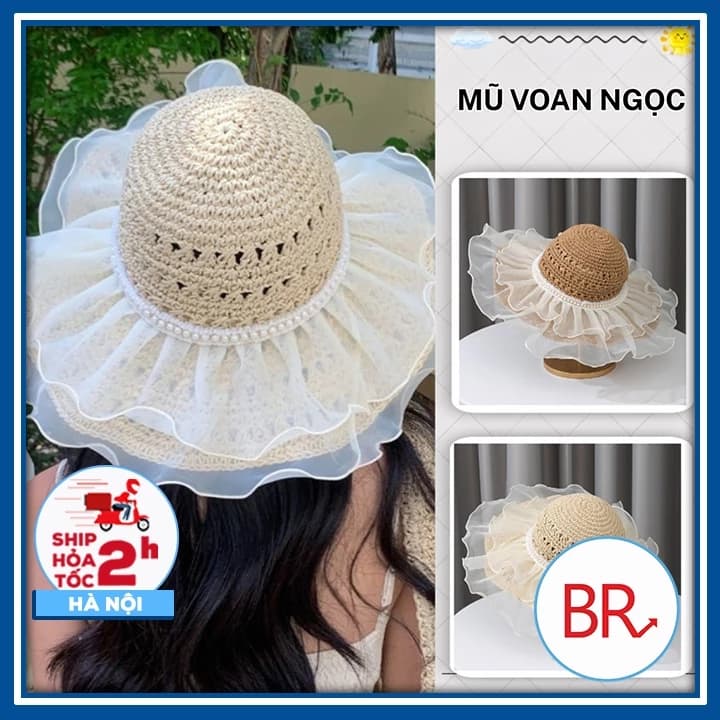 Mũ cói phối voan đi biển đính ngọc năng động- Phụ kiện mũ đi biển thời trang gấp gọn tiện lợi phong cách Hàn Quốc 02802