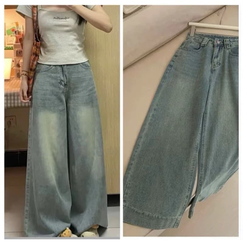 Quần jeans ống rộng trơn màu mới gấu to 5 phân cạp cao tôn dáng