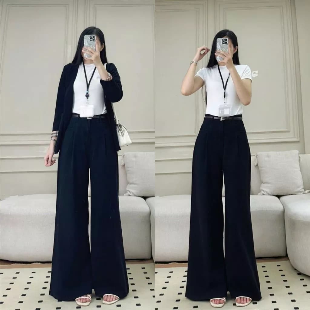 Quần jeans bò Joolate Ống suông rộng cạp cao tôn dáng jean mềm cao cấp