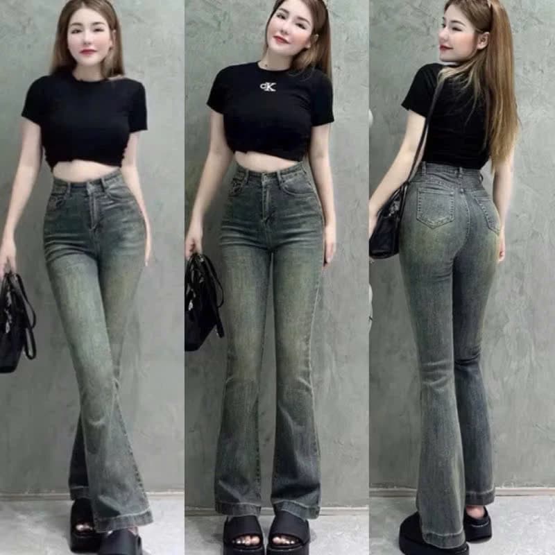 Quần jeans loe rêu gấu to lưng cao hách dáng chất bò mềm có dãn phong cách trẻ trung