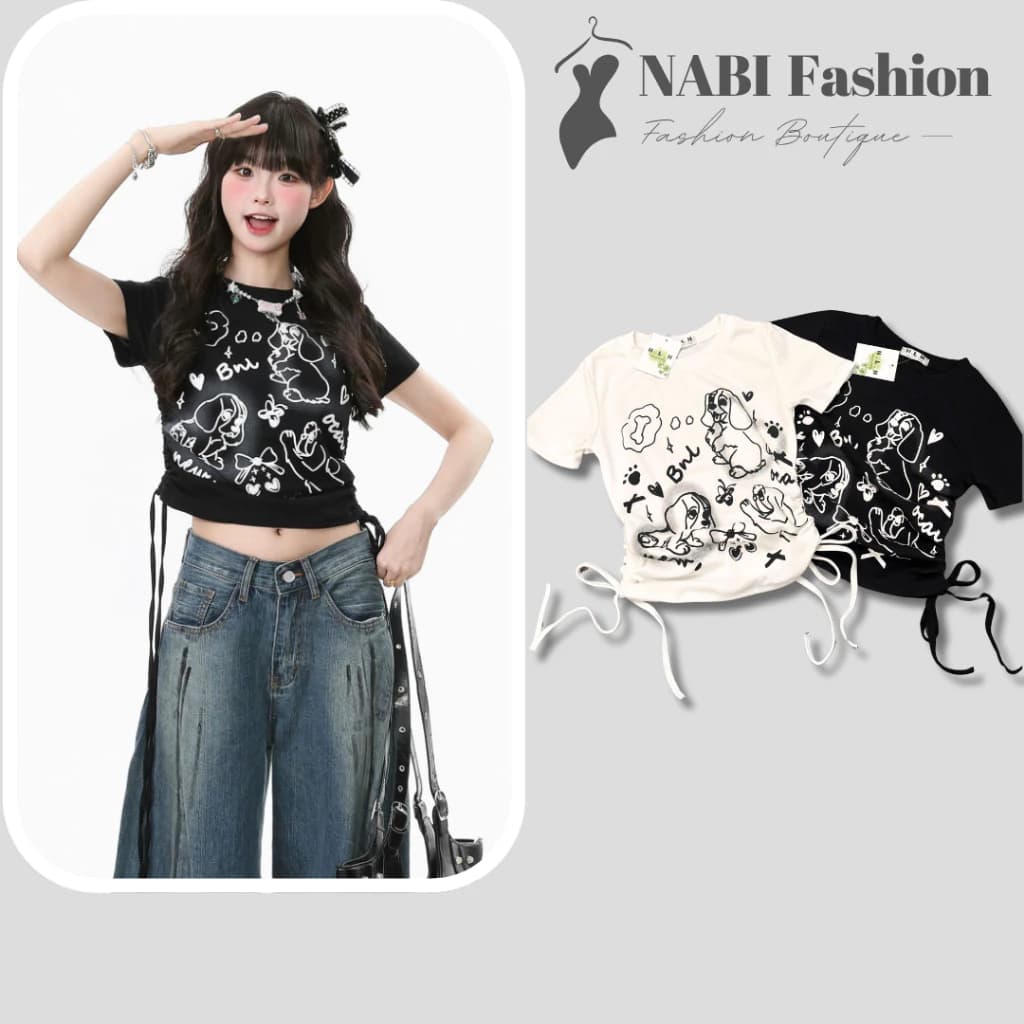 Áo Thun Nữ Rút Dây 2 Bên In Hình Chó Cưng Siêu Cute – Form Rộng Dễ Thương, Chất Cotton Mềm Mịn NABI Fashions