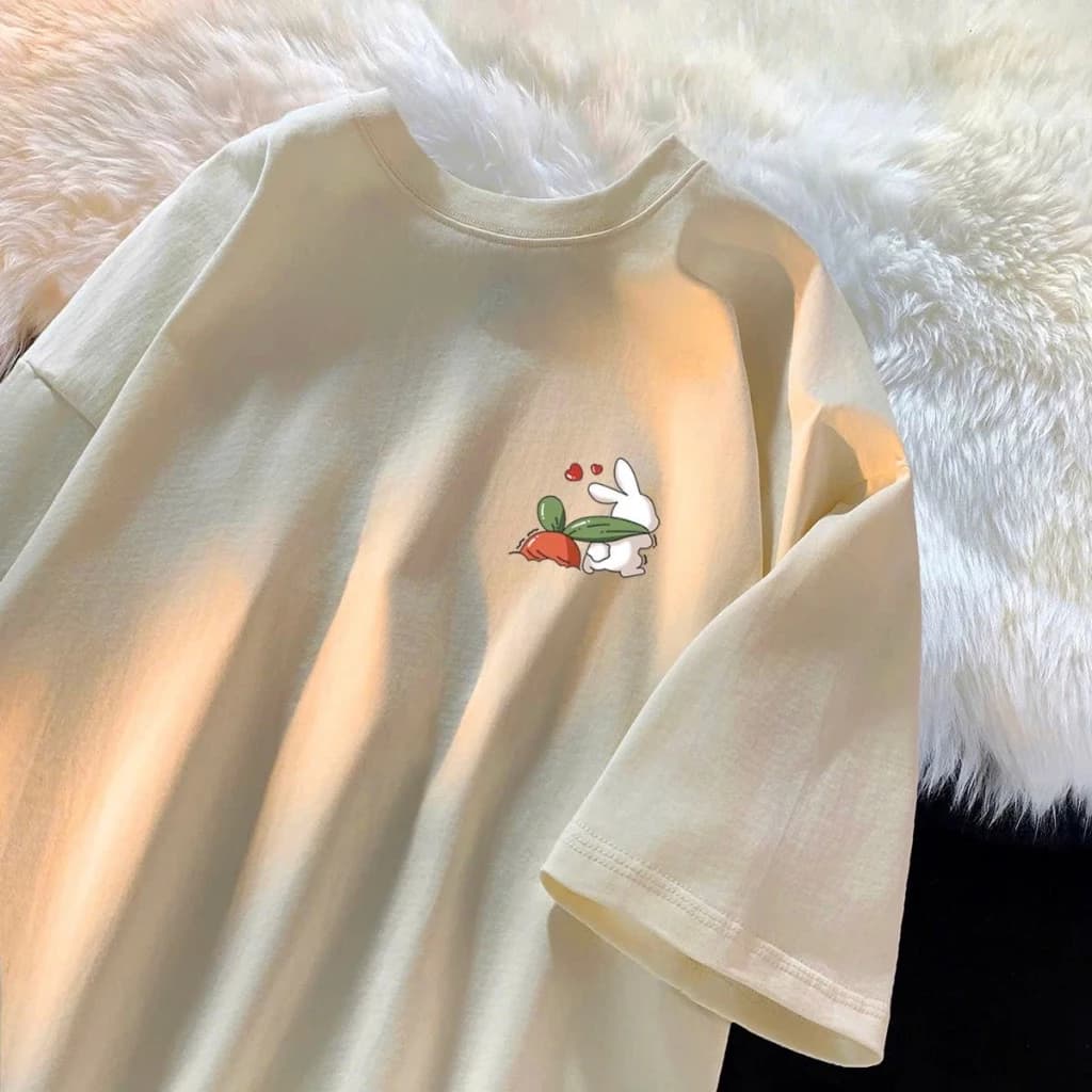 Áo thun phông nữ nam chất liệu cotton khô form rộng in hình thỏ cà rốt