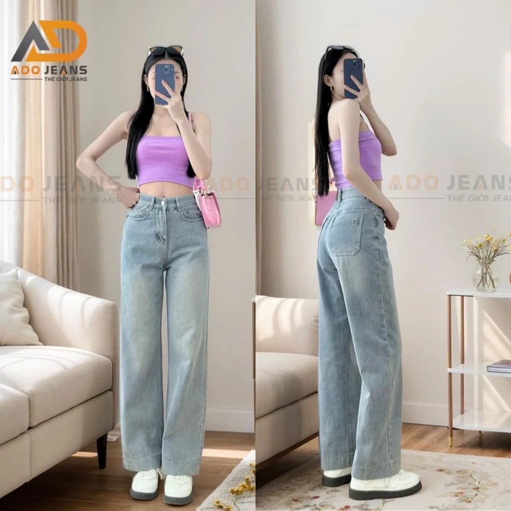Quần jean dài nữ ống suông cạp cao siêu tôn dáng -TÚI KIỂU (Mã DJ04)