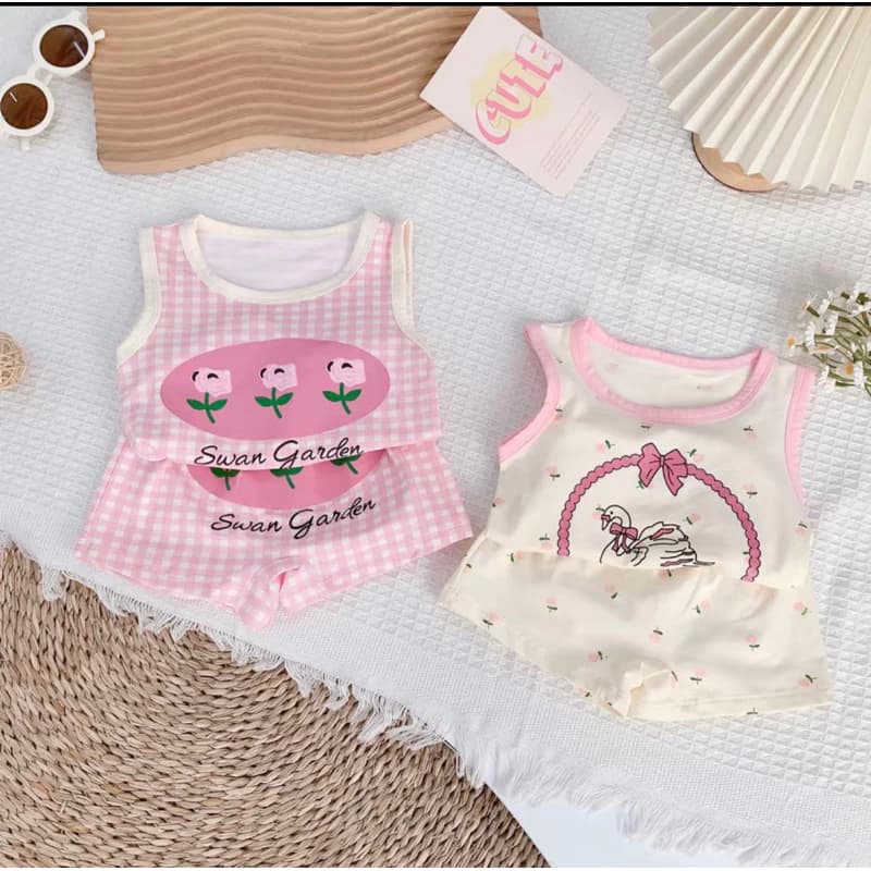 combo 2 bộ ba lỗ tone hồng kem cho bé gái mặc mùa hè