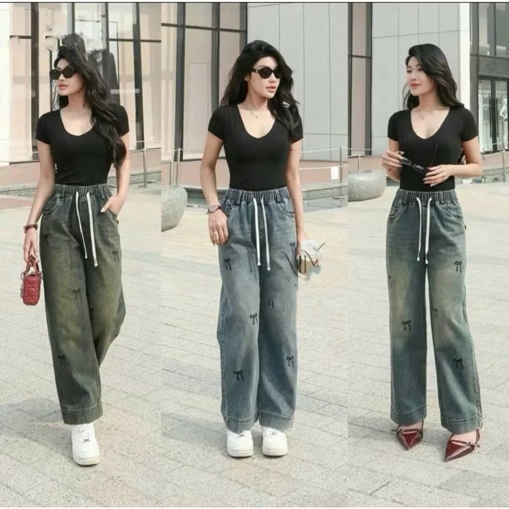 Quần jean nữ ống rộng họa tiết thêu nơ, quần bò ống xuông vải jean mềm 3 màu