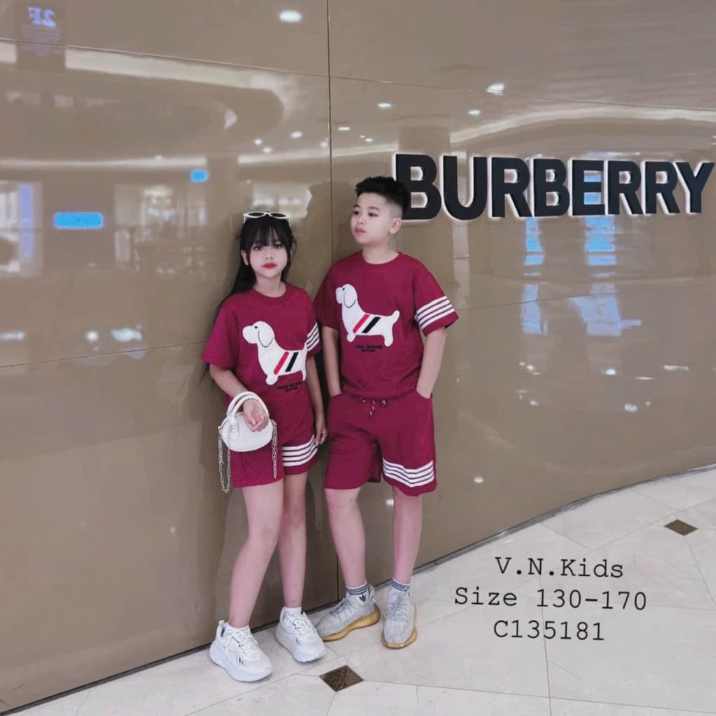 Bộ Quần Áo Phối Sọc In Hình Cún Con Dành Cho Bé Trai Bé Gái 13-42kg , Chất Liệu Thoáng Mát