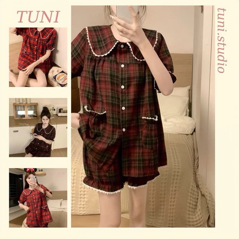 Đồ Ngủ Nữ Bộ Pijama Mặc Nhà Cộc Tay Quần Cộc Cổ Sen Viền Ren Siêu Xinh Tuni.studio CUDAU