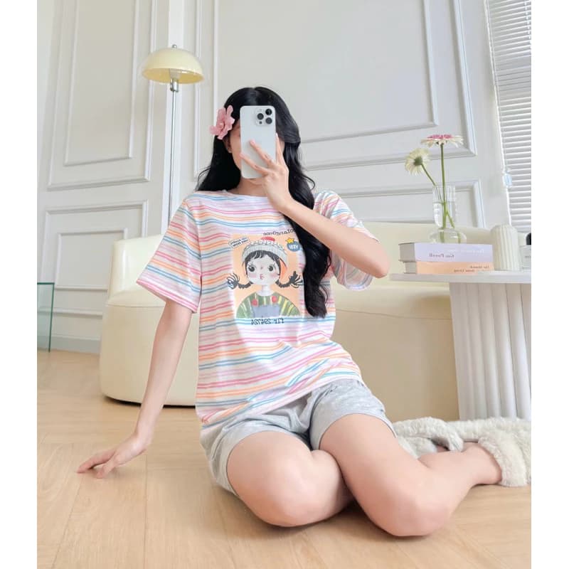 Sét bộ đùi thun Áo ngắn tay kẻ sọc in hình siêu xinh ALICEVN, Đồ bộ mặc nhà chất thun Cotton mềm mát, mặc hè mát mẻ
