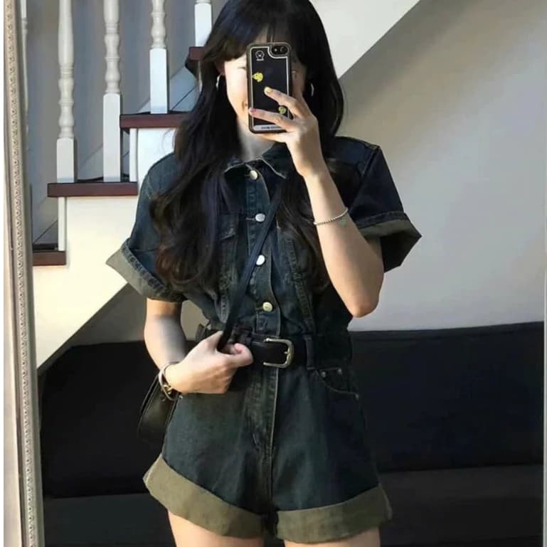Set bộ jean áo cổ sơ mi liền quần mẫu mới , Jum denim phong cách Hàn quốc dễ mặc dễ phối đồ (HC4)