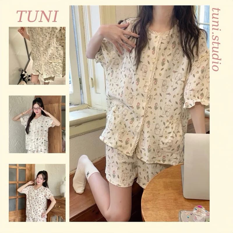 Bộ Đồ Ngủ Tay Áo Ngắn Viền Ren Bèo Túi In Hình Hoạt Hình Ngọt Ngào Thời Trang Tuni.studio BTCC
