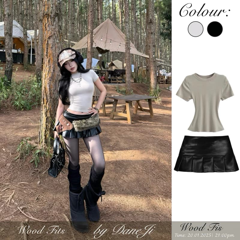 [ 𝐖𝐎𝐎𝐃 𝐅𝐈𝐓𝐒 ] Set slimtee ôm body và chân váy xếp ly da đen cạp trễ basic dễ mặc [ KHÔNG KÈM PHỤ KIỆN ]