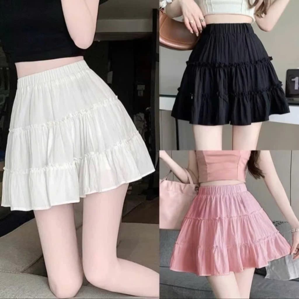 Chân váy bèo 3 tầng dáng xòe chất đũi gân phong cách trẻ trung dễ thương chân váy midi dáng ngắn xếp tầng