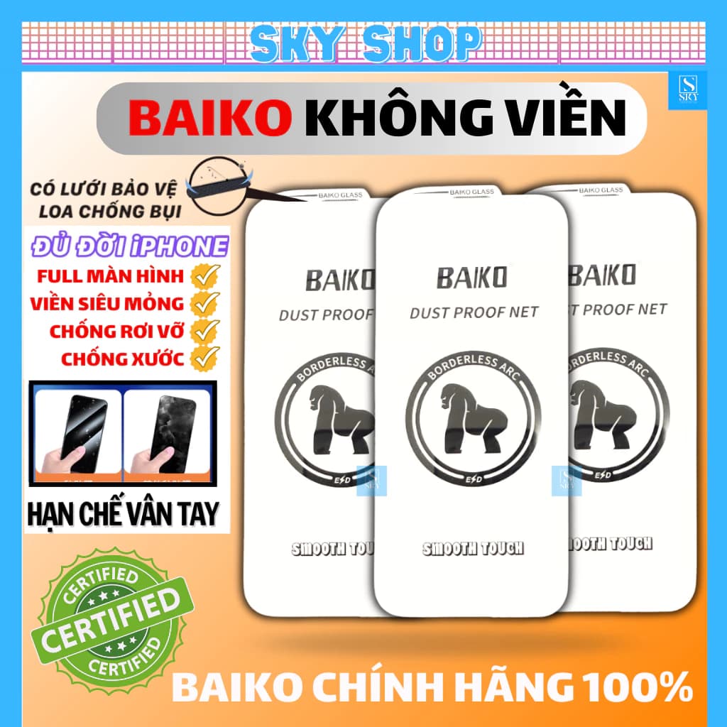 Kính cường lực iphone Baiko không viền Full màn hình cho ip 16 ProMax 17 ProMax 18 Pro Max 17 Air 15 14 13 12 11 X Xs Xr