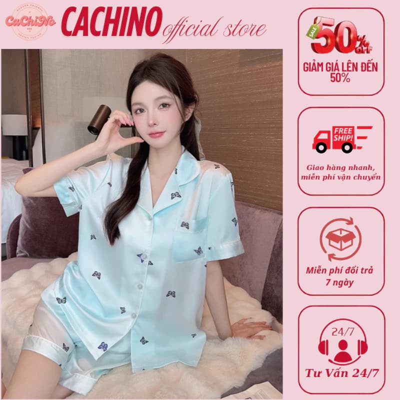 Bộ đồ ngủ lụa băng in hình bướm kiểu Pháp ngọt ngào mùa hè mẫu mới ngắn tay Bộ đồ mặc nhà, đi chơi
