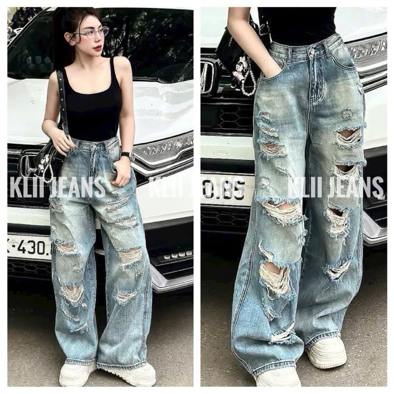 Quần jeans ống suông rách nhiều đẹp 103cm KLii jeans sẵn