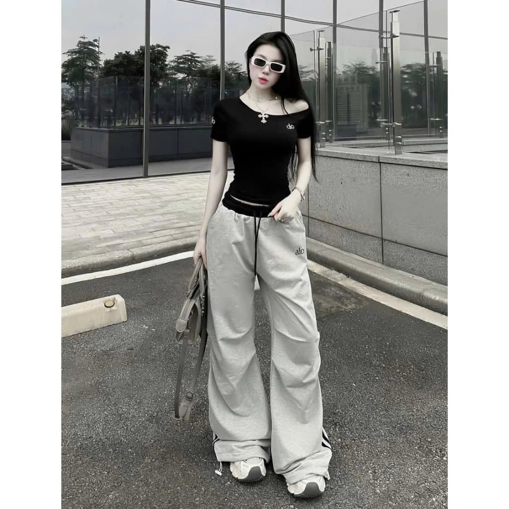H4-Set bộ đồ nữ ALO 3 màu cực xinh áo cộc tay mix cùng quần cạp chun kèm sọc viền 40-65kg