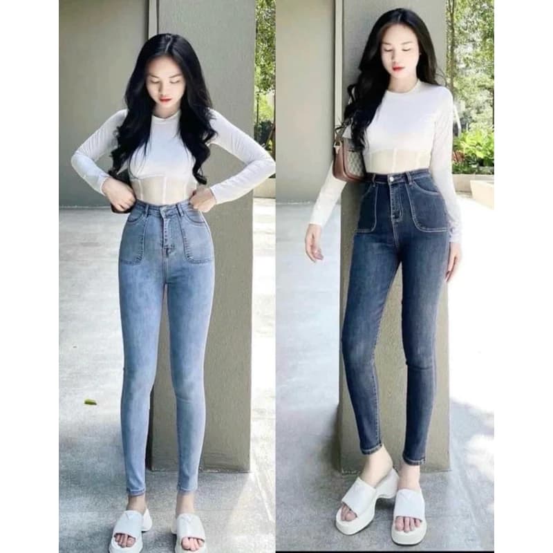 Quần jeans ống ôm túi đắp lưng cao KLii sẵn