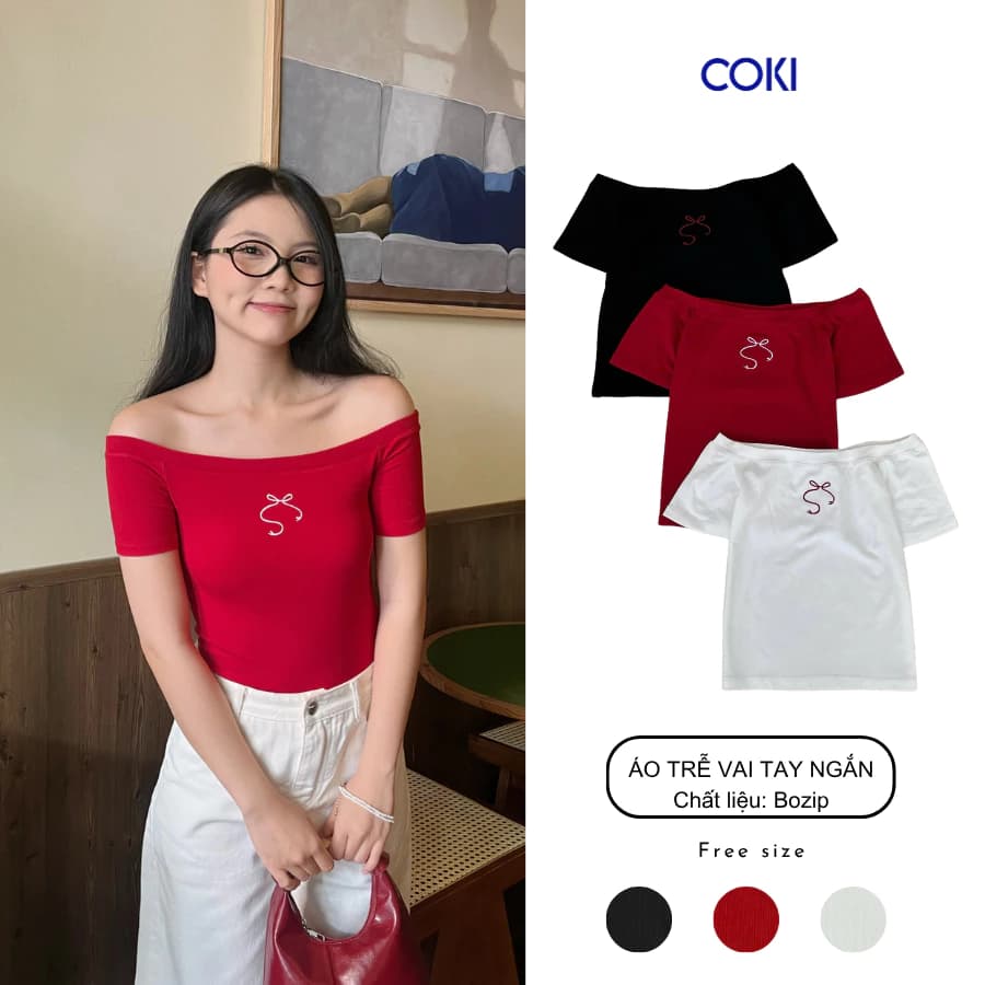 Áo Thun kiểu Nữ Croptop Thêu Nơ Ngắn Tay Trễ Vai ôm body