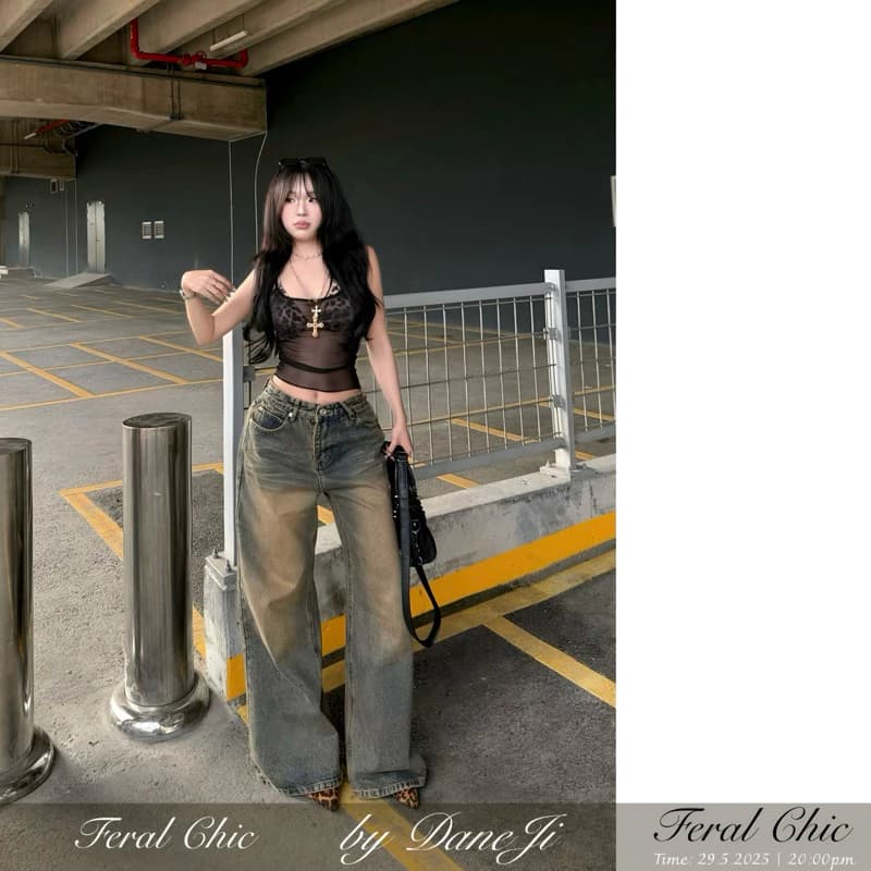 [ 𝐅𝐄𝐑𝐀𝐋 𝐂𝐇𝐈𝐂 ] Set áo lưới xuyên thấu, ôm sát, bra họa tiết báo 𝐁𝐘 𝐃𝐀𝐍𝐄𝐉𝐈