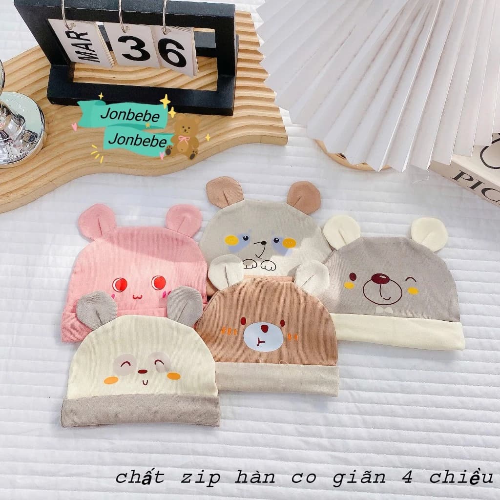 [Bảng màu Babytoom] Set 3-5 Mũ Sơ Sinh Có Tai Gấu Chất Cotton Lạnh Siêu Mềm Mịn Cho Bé Trai, Bé Gái Sơ Sinh Từ 0-3 Tháng
