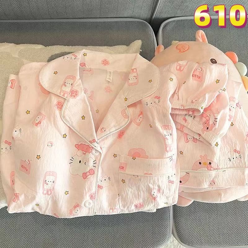 Đồ ngủ nữ pijama ngắn tay hoạ tiết dễ thương đồ bộ mặc nhà Bộ đồ ngủ Học sinh thiếu nữ pyjama 610