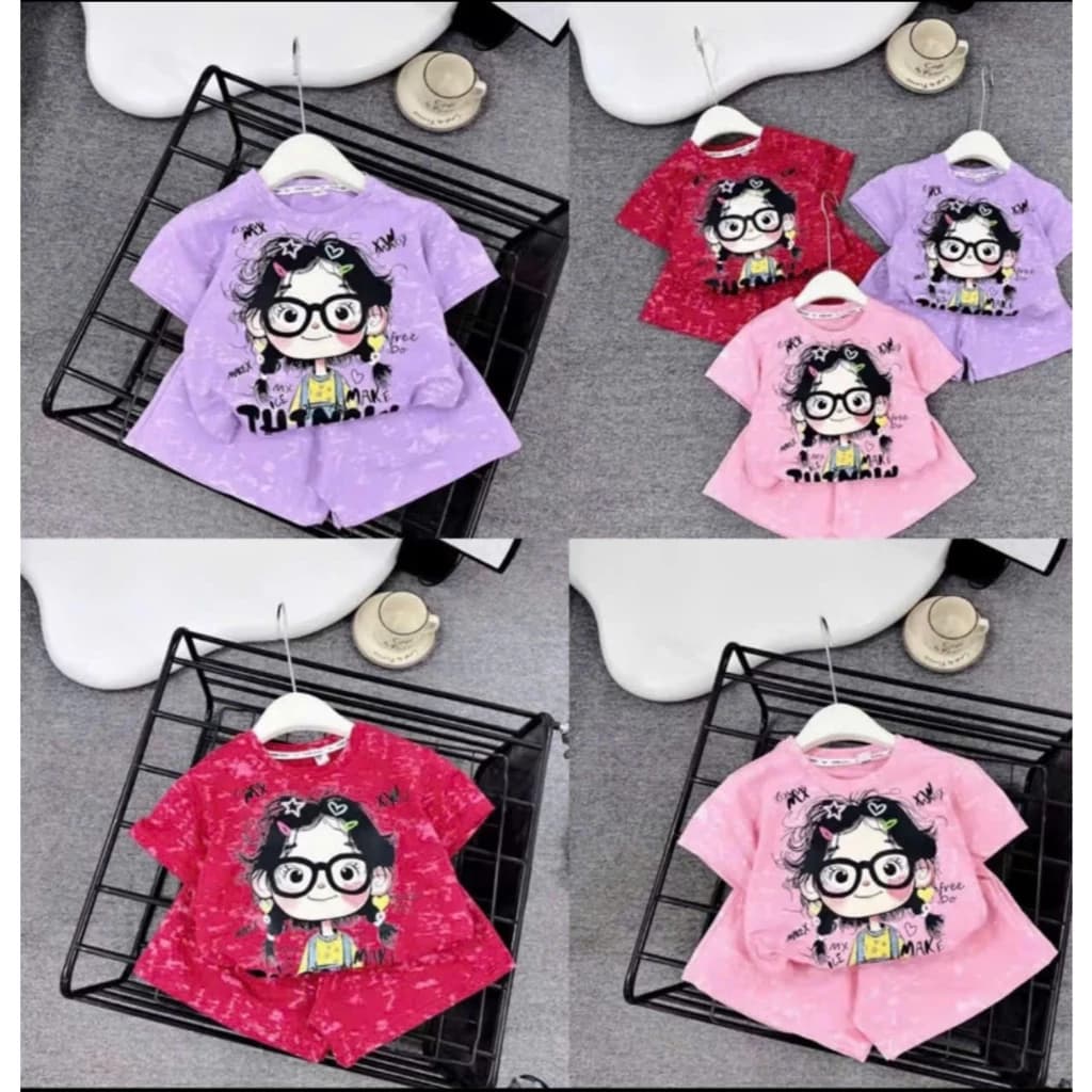 Bộ quần áo ngắn tay bé gái thiết kế in hình 3D cô bé đeo kính dễ thương chất cotton xu thoáng mát size 9-42 kg (t3)