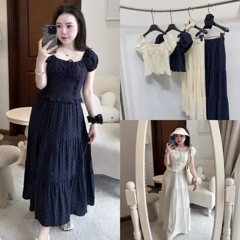 2026. [CV XOÈ- BI BÈO TẶNG DÂY BUỘC TÓC] Sét đũi chấm bi áo tay bồng+ chân váy xoè. Đủ size SMLXL 40kg-70kg