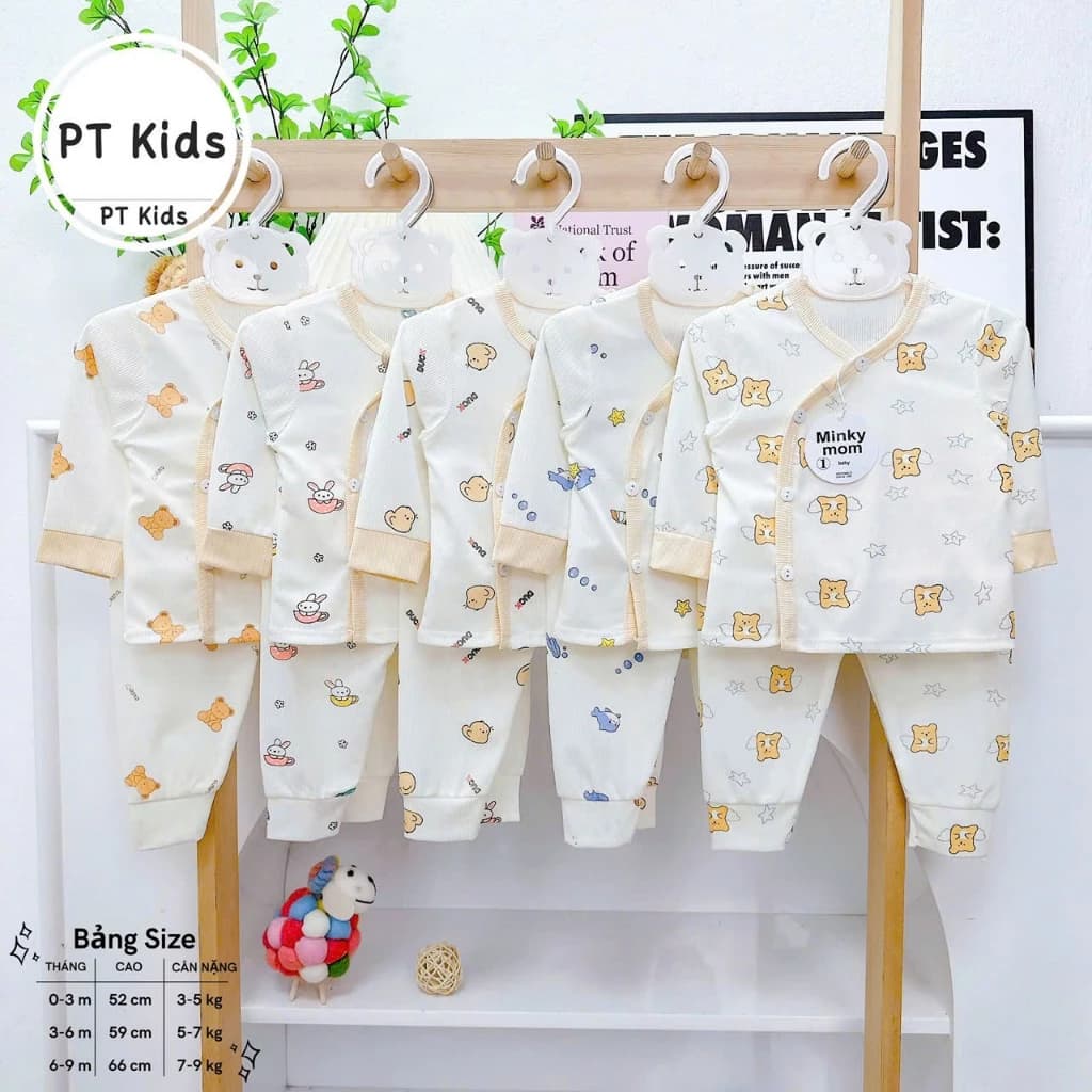 Com bo 3 - 5 bộ dài tay sơ sinh chất liệu thun tăm cho bé trai bé gái 0-9 tháng