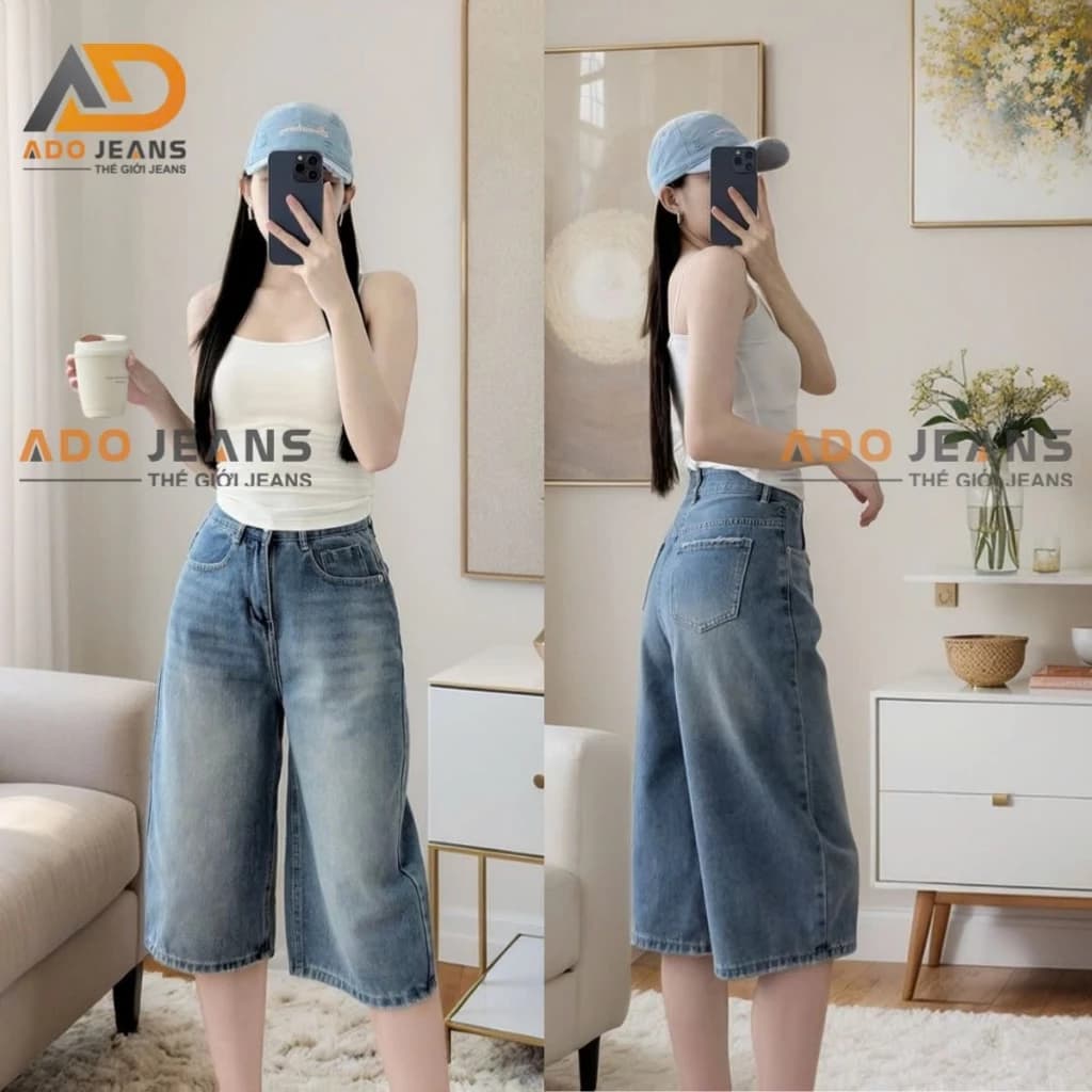 Quần short jean lửng, lưng cao ống rộng form dài qua gối - ADO JEANS (Mã S36-S40)