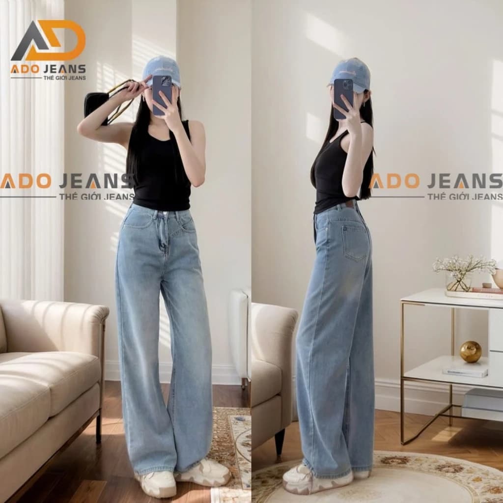 Quần Jean nữ ống rộng dáng dài cạp cao, Quần bò nữ ống rộng Hàn Quốc màu basic ADO JEANS (DJR05)