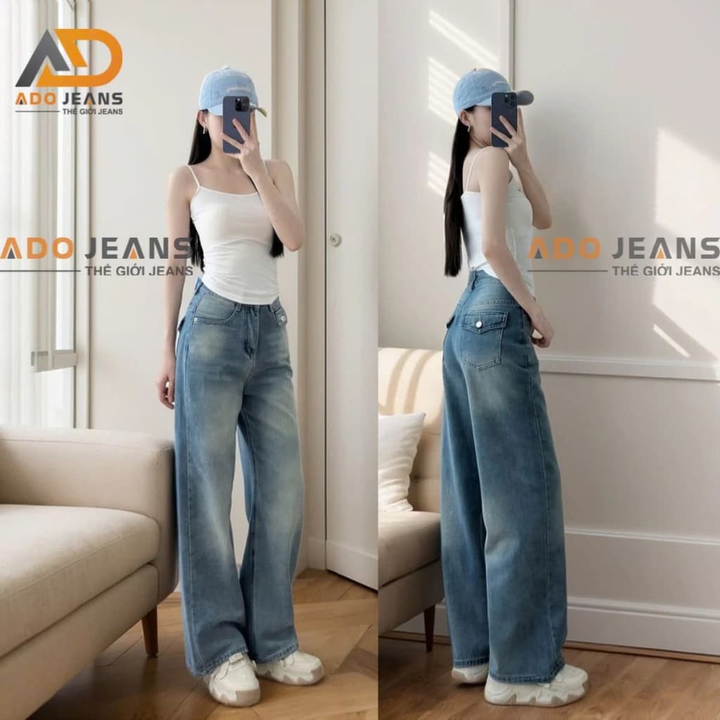 Quần Jean nữ ống suông dáng dài , Quần bò nữ cạp cao tối hộp xinh xắn-DTH06