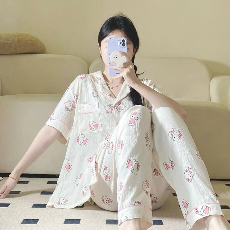 [Sẵn 7 màu] Đồ bộ nữ mặc ở nhà chất đũi mềm in hoạt hình xinh xắn (quần dài, tay cộc)