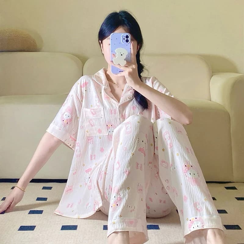 Pyjama đũi mềm quần dài tay cộc in hoạt hình mặc ở nhà cho nữ
