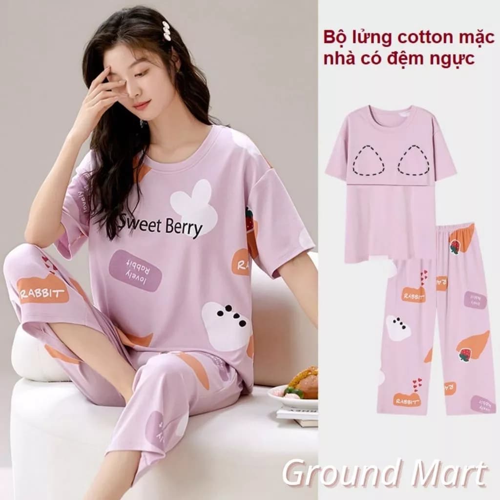 Bộ đồ mặc nhà cho nữ áo cộc tay quần lửng vải thun cotton có sẵn đệm ngực, màu sắc trẻ trung size từ 40 đến 80 kg