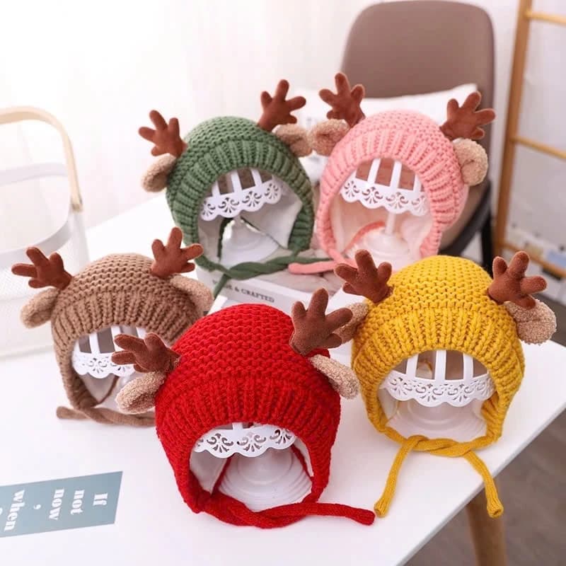 (Bé 1-4 tuổi) Mũ Len Cho Bé Mùa Đông Tháng Sừng Tuần Lộc