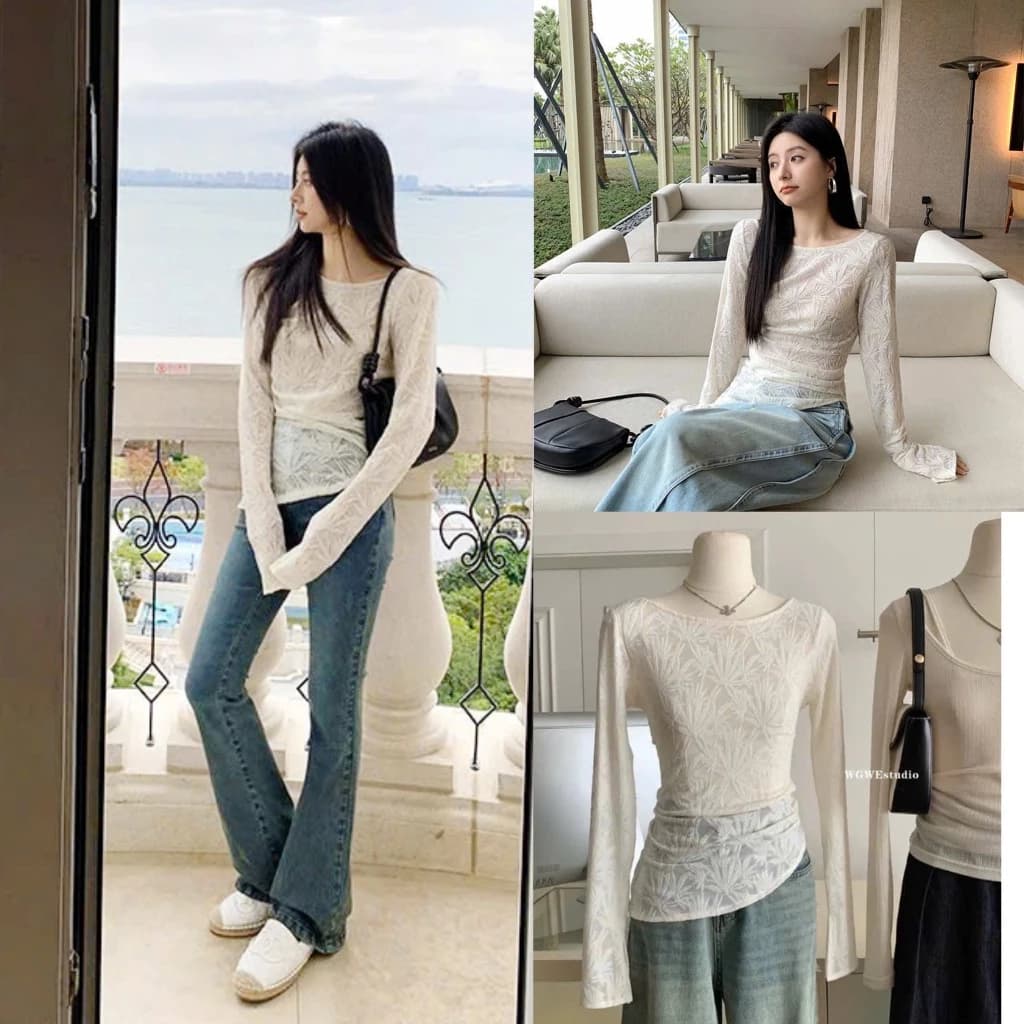 (HÀNG LOẠI 1) Áo Thun Ren Hoa Ôm Vạt Chéo Dài Tay Loe Nhún Eo Tôn Dáng LISA TOP