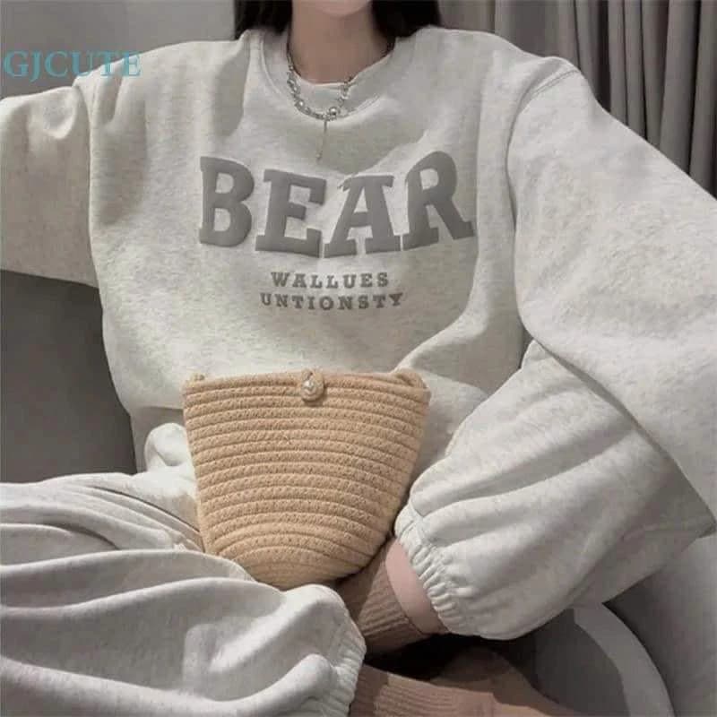 Set Bộ Nỉ Bông Nữ Hình In Chữ BEAR, Áo Nỉ Sweater Màu Xám Trắng Form Rộng Kèm Quần Nỉ Dáng Dài Boom Bo Gấu Ulzzang