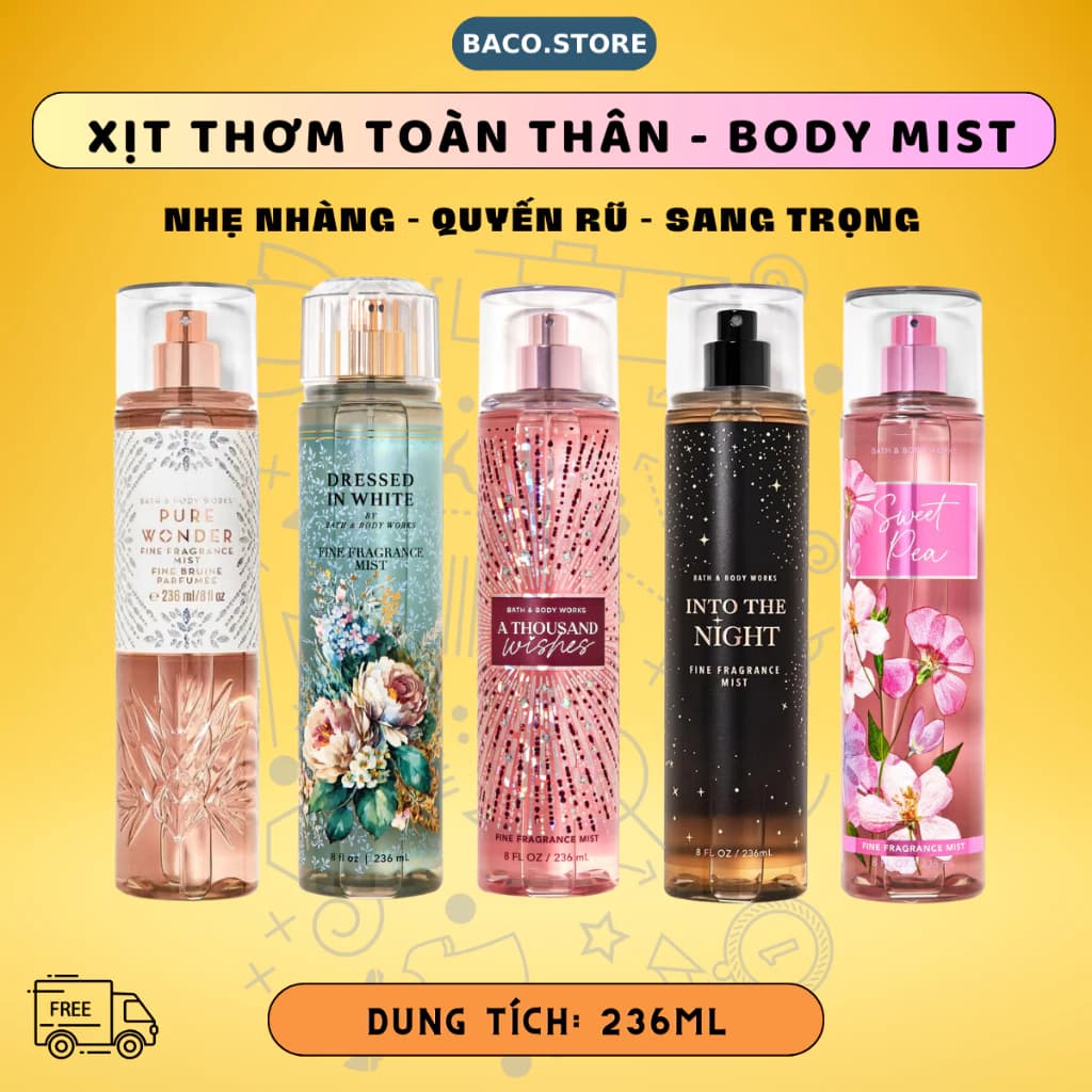 body mist, Xịt thơm toàn thân Bath & Body Works 236ml Chính Hãng USA (Bản Mỹ)