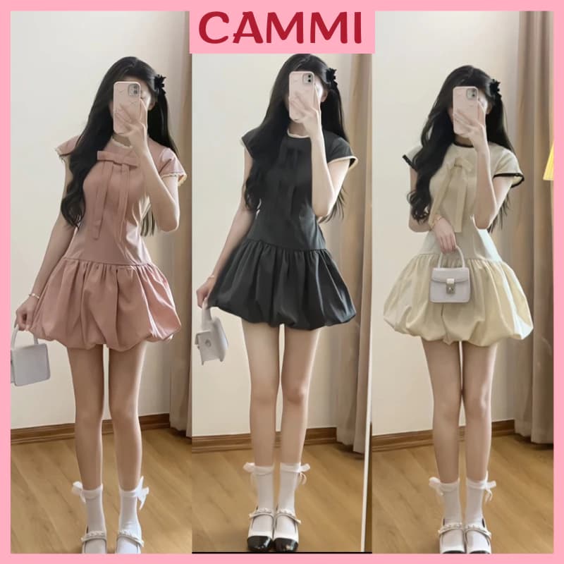 Váy Nữ Dáng Bí Cổ Tròn Phối Nơ Ngực, Đầm Nữ Chân Váy Dáng bí xoè ngắn Phối Ren Phong Cách Hàn Quốc HB802